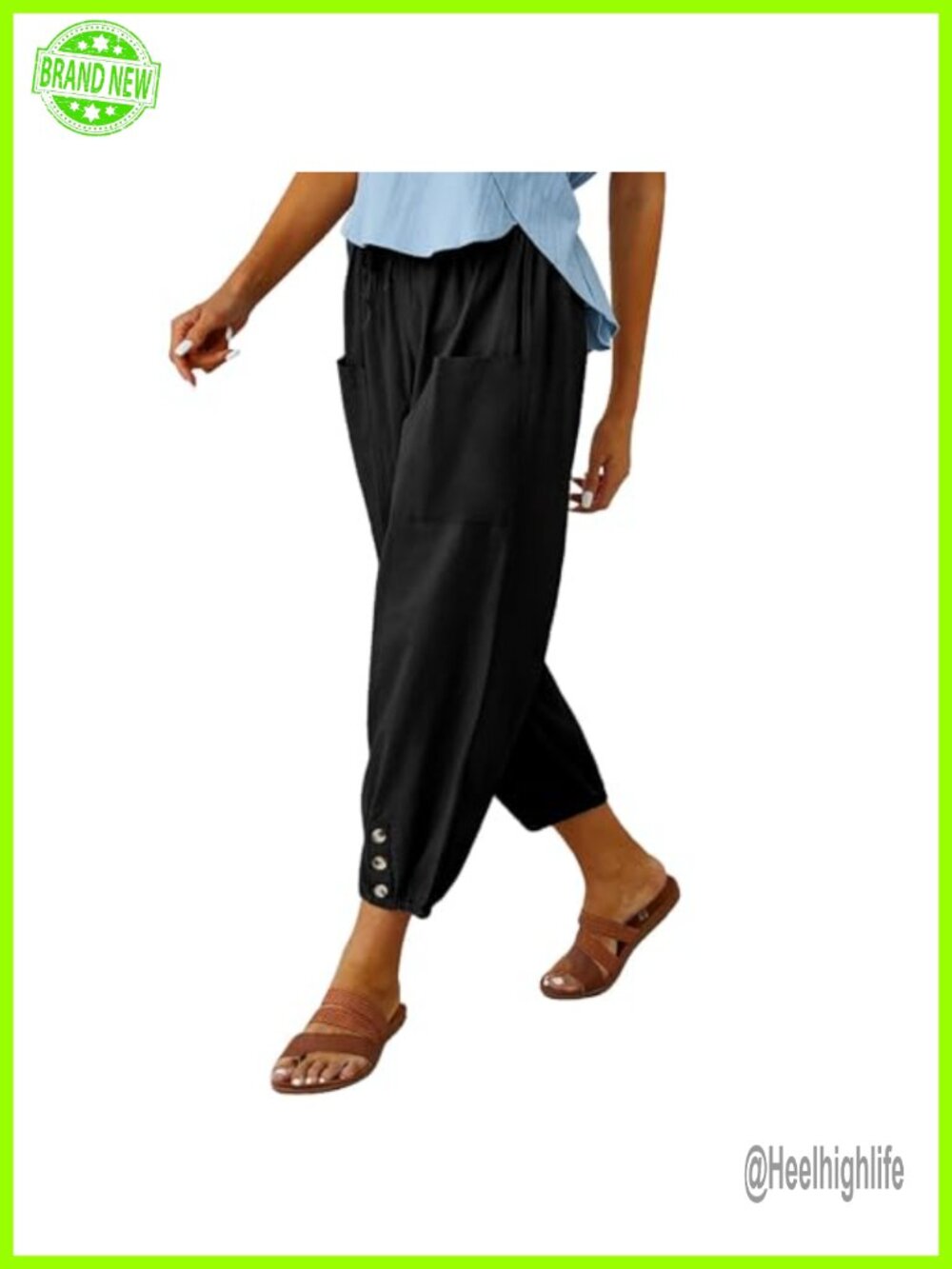 Cotton High Waisted Harem Capri Pants with Pockets